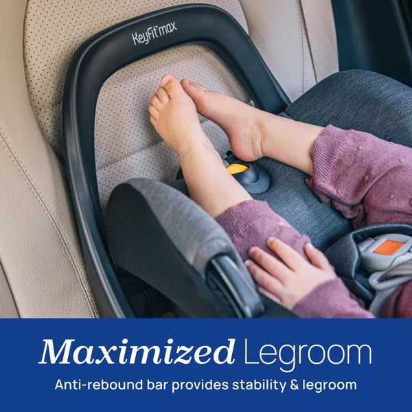 Car seat with 'Keyfit Max' branding and text about maximized legroom and anti-rebound bar.