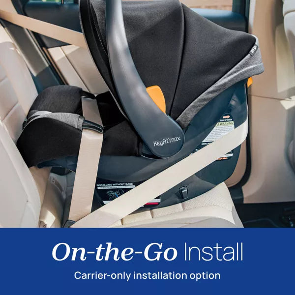 Child car seat with 'On-the-Go Install' text in a vehicle interior.