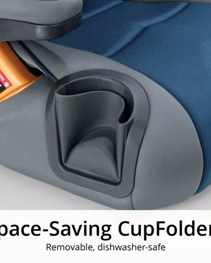 Space-saving cup holder in a car seat with text 'Space-Saving CupFolders' and 'Removable, dishwasher-safe'.