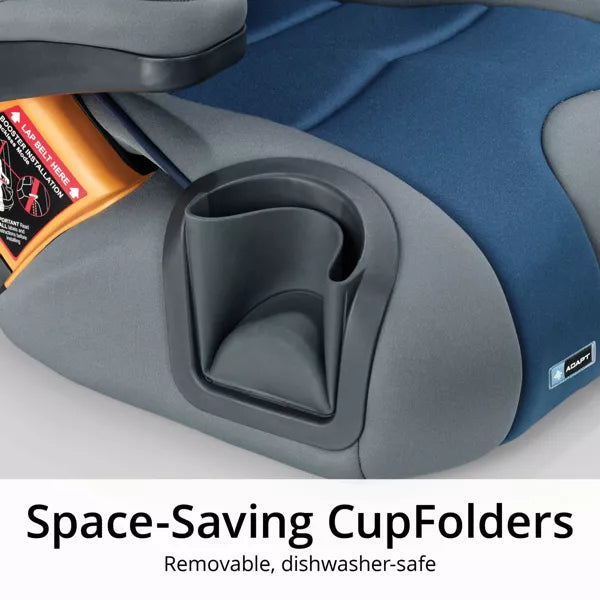Space-saving cup holder in a car seat with text 'Space-Saving CupFolders' and 'Removable, dishwasher-safe'.