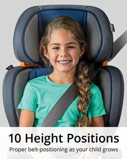 Child in a car seat with text about height positions and proper belt-positioning.