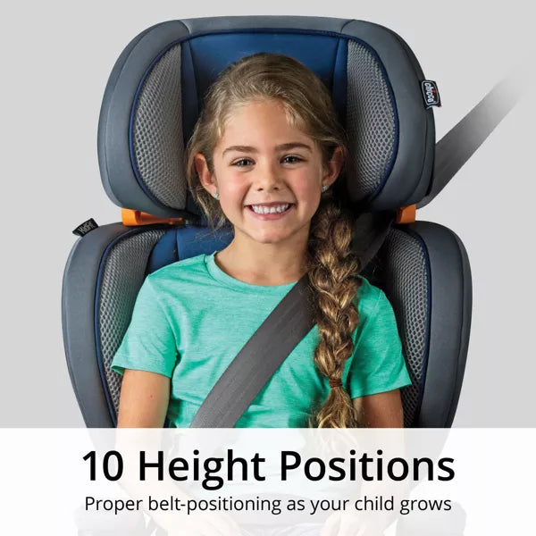 Child in a car seat with text about height positions and proper belt-positioning.