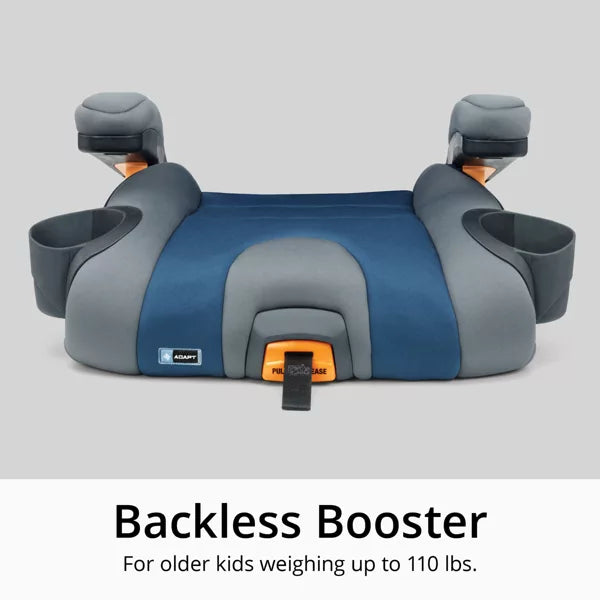 Backless booster seat with gray and blue design on a light gray background
