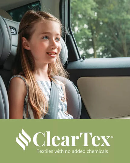 Child in a car seat with ClearTex logo at the bottom
