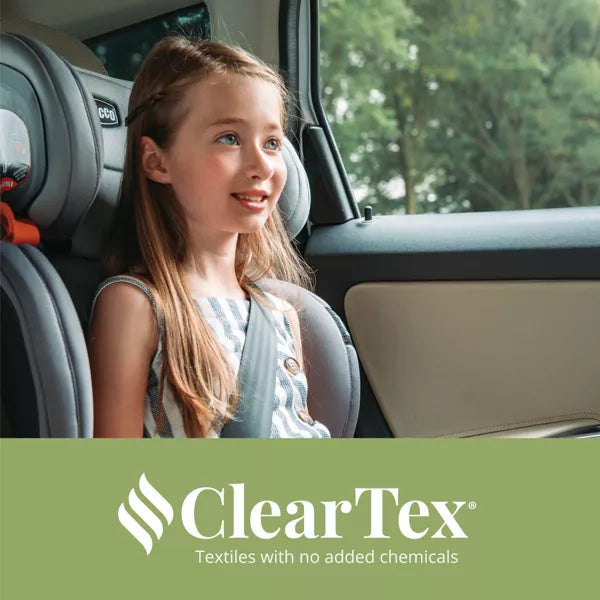 Child in a car seat with ClearTex logo at the bottom