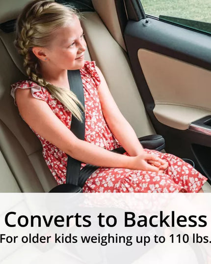 Child in a car seat with text indicating it converts to backless for older kids.