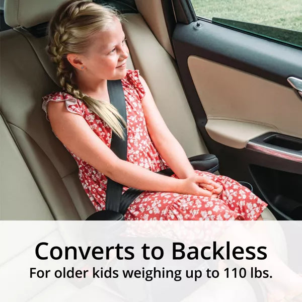 Child in a car seat with text indicating it converts to backless for older kids.