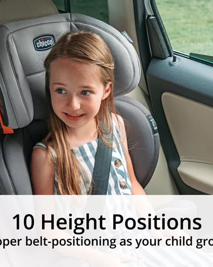 Child in a car seat with text about height positions and proper belt-positioning.