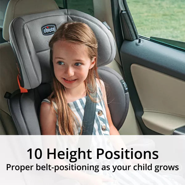 Child in a car seat with text about height positions and proper belt-positioning.