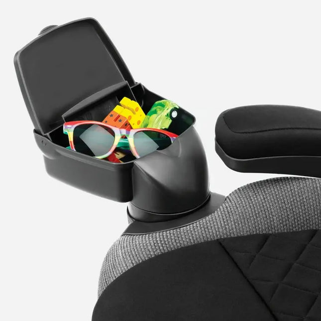 Car cup holder with sunglasses and snacks on a white background