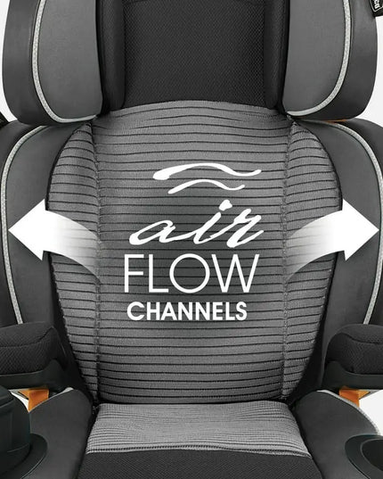 Children's car seat with airflow channels highlighted on a white background