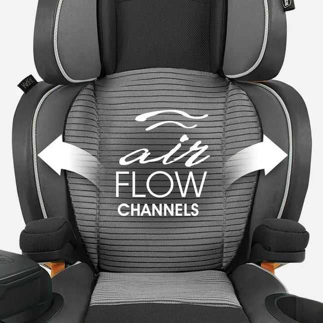 Children's car seat with airflow channels highlighted on a white background