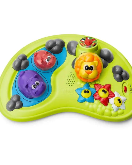 Colorful toy with animal faces and buttons on a white background