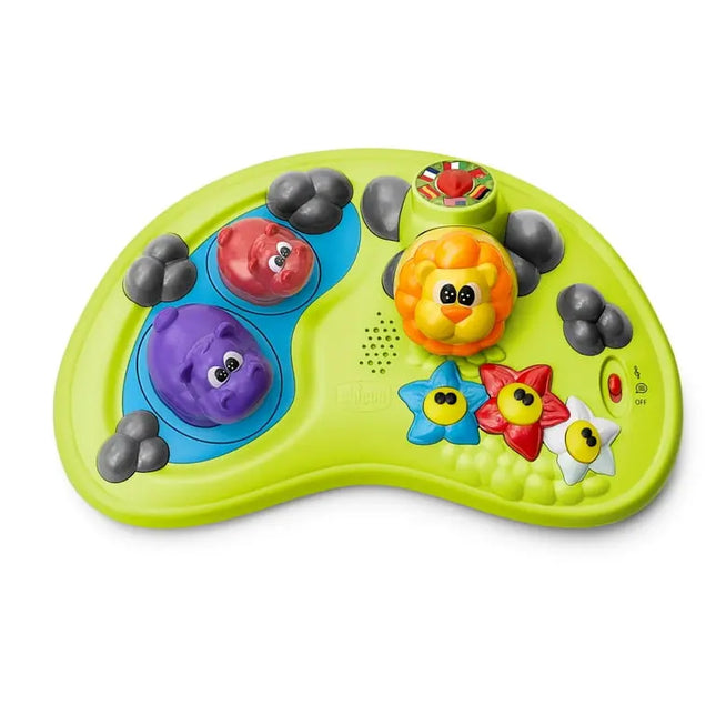 Colorful toy with animal faces and buttons on a white background