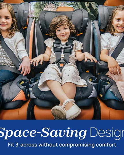 Three children sitting in a car seat with 'Space-Saving Design' text.