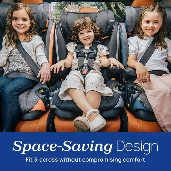 Three children sitting in a car seat with 'Space-Saving Design' text.
