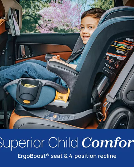 Child in a car seat with 'Superior Child Comfort' text and 'ErgoBoost seat & 4-position recline' label.