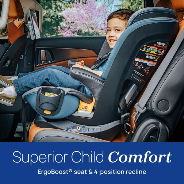 Child in a car seat with 'Superior Child Comfort' text and 'ErgoBoost seat & 4-position recline' label.