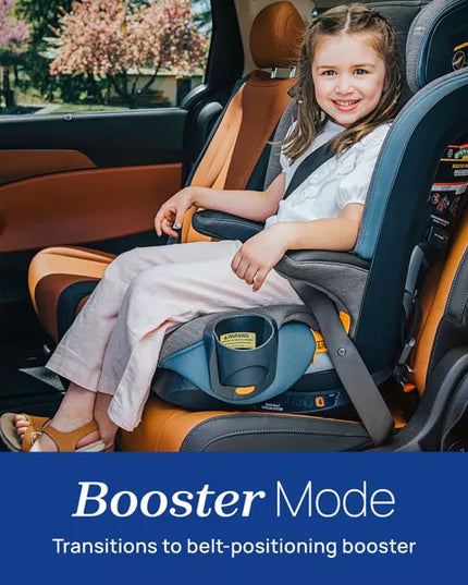 Child sitting in a car seat with 'Booster Mode' text overlay