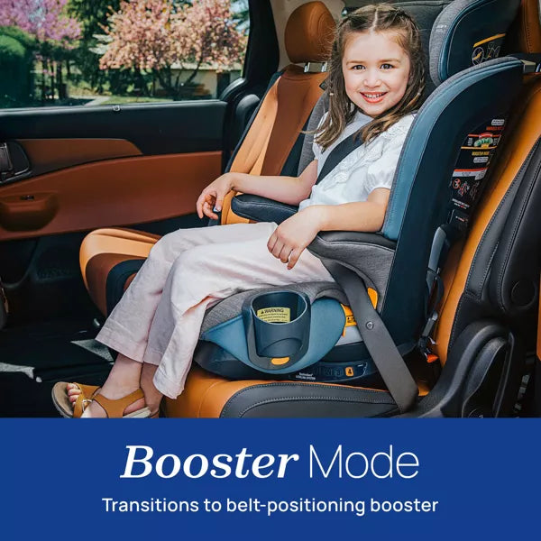 Child sitting in a car seat with 'Booster Mode' text overlay