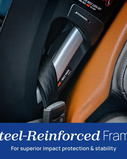 Car interior with a focus on the seatbelt and text about a steel-reinforced frame.