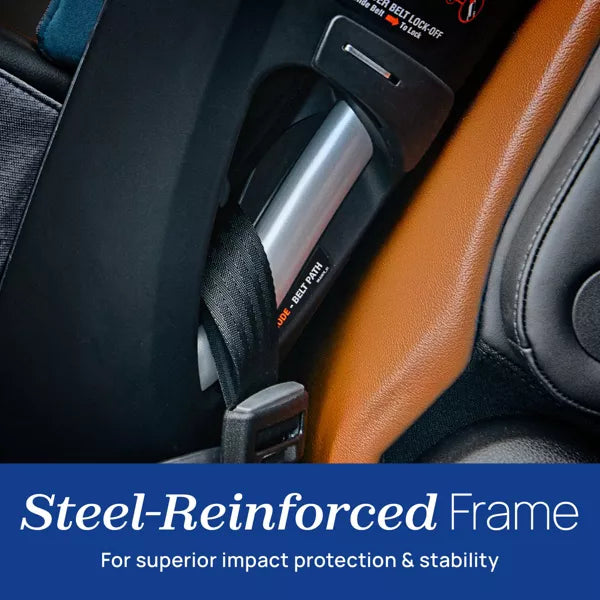 Car interior with a focus on the seatbelt and text about a steel-reinforced frame.
