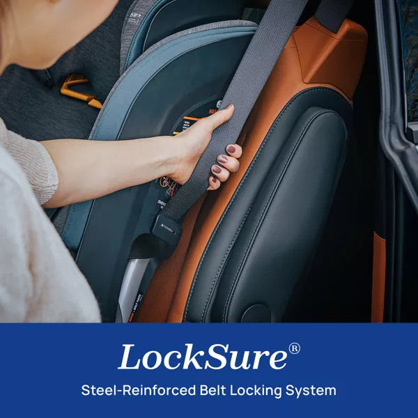 Person adjusting a car seat with LockSure steel-reinforced belt locking system.