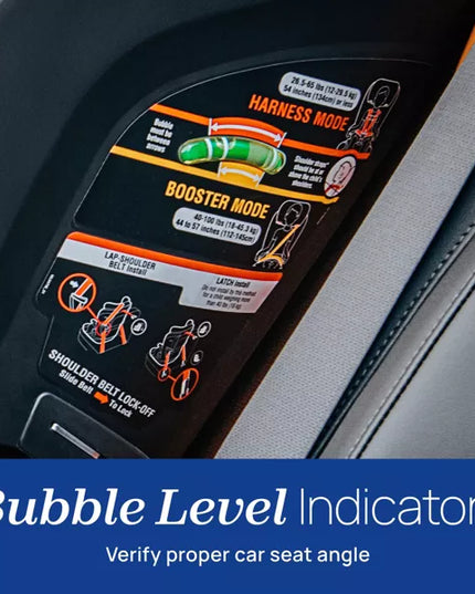 Car seat with bubble level indicators and mode labels on a blue background