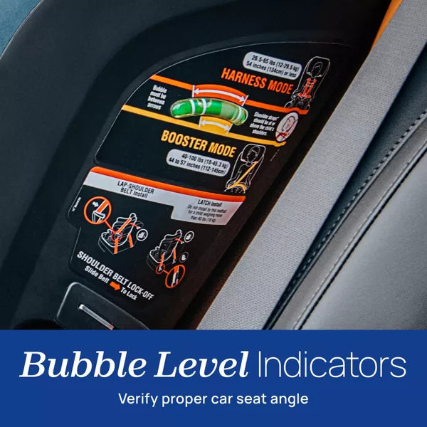 Car seat with bubble level indicators and mode labels on a blue background