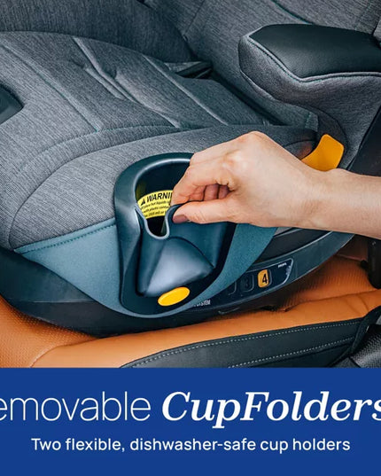 Car seat with a hand installing a cup holder labeled 'Removable CupFolders'.