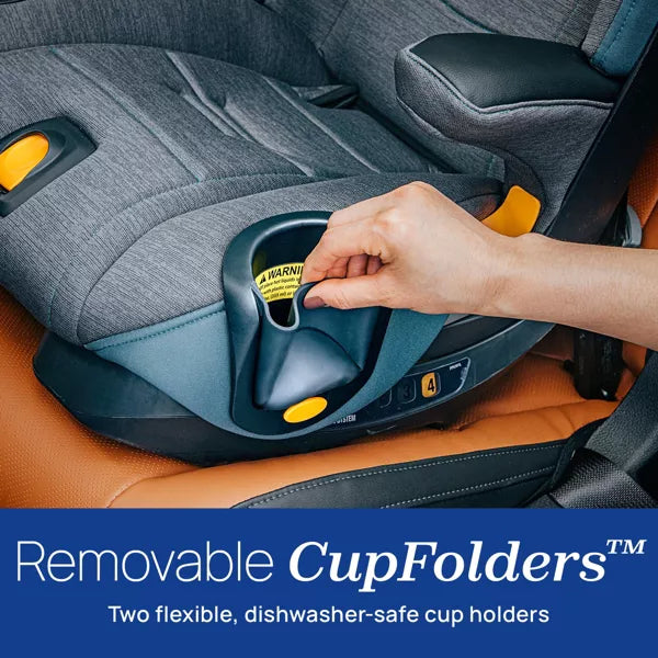 Car seat with a hand installing a cup holder labeled 'Removable CupFolders'.