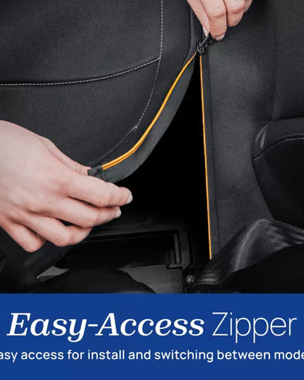 Car seat with an easy-access zipper being used, with text 'Easy-Access Zipper' below.