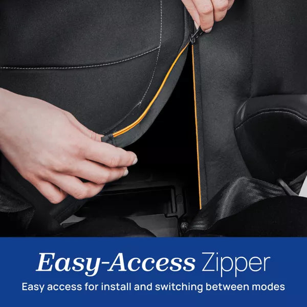 Car seat with an easy-access zipper being used, with text 'Easy-Access Zipper' below.