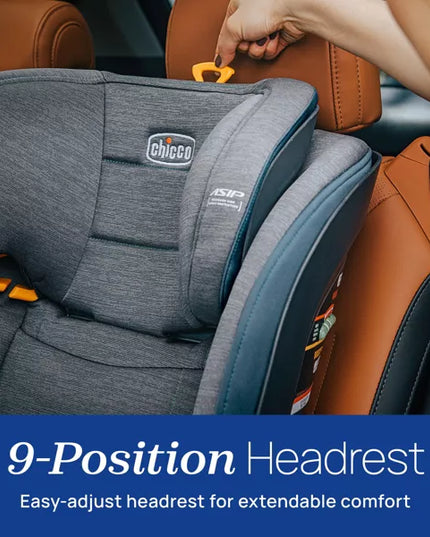 Gray car seat with 9-position headrest adjustment feature, Chicco brand visible.
