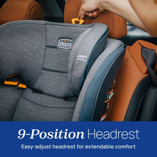 Gray car seat with 9-position headrest adjustment feature, Chicco brand visible.