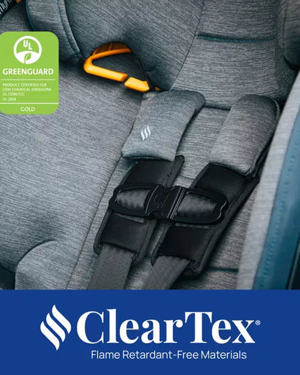 Gray car seat with a visible GreenGuard Gold label and ClearTex branding.