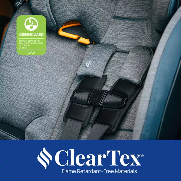 Gray car seat with a visible GreenGuard Gold label and ClearTex branding.