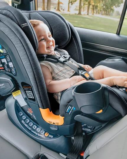 Child in a car seat inside a vehicle with a scenic background