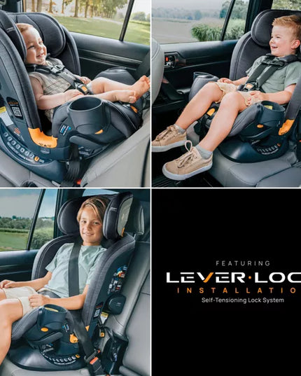 Collage of a child sitting in a car seat with Lever Lock installation feature.
