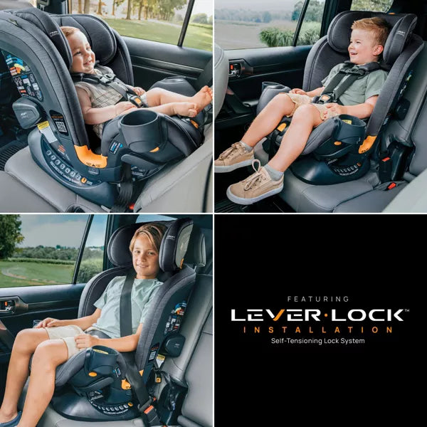 Collage of a child sitting in a car seat with Lever Lock installation feature.