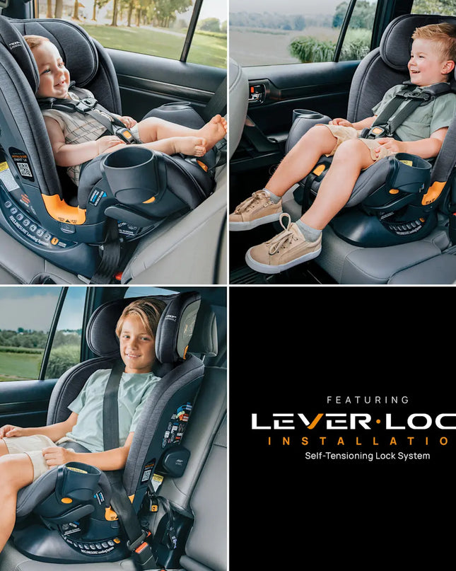 Collage of a child sitting in a car seat with Lever Lock installation feature.