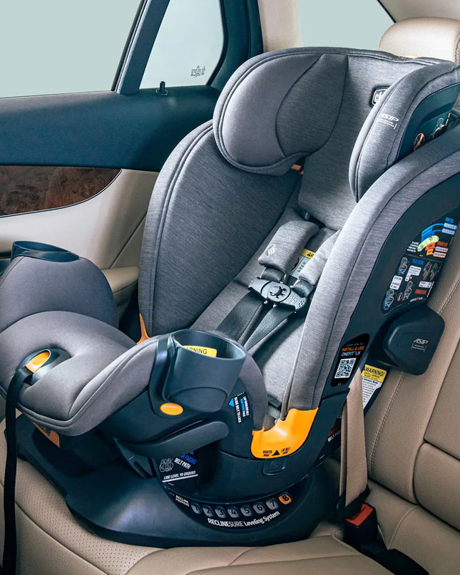 Gray and black car seat installed in a vehicle's back seat.