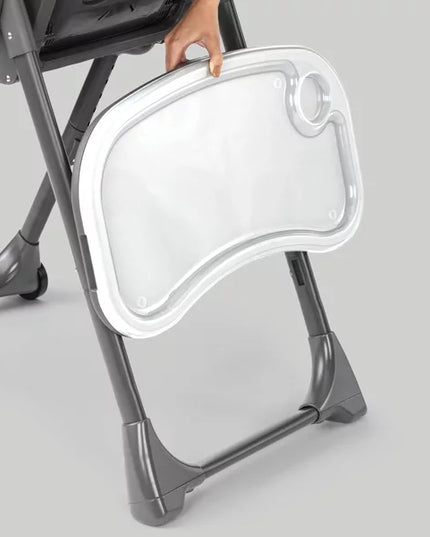 Gray high chair with a transparent tray on a light gray background