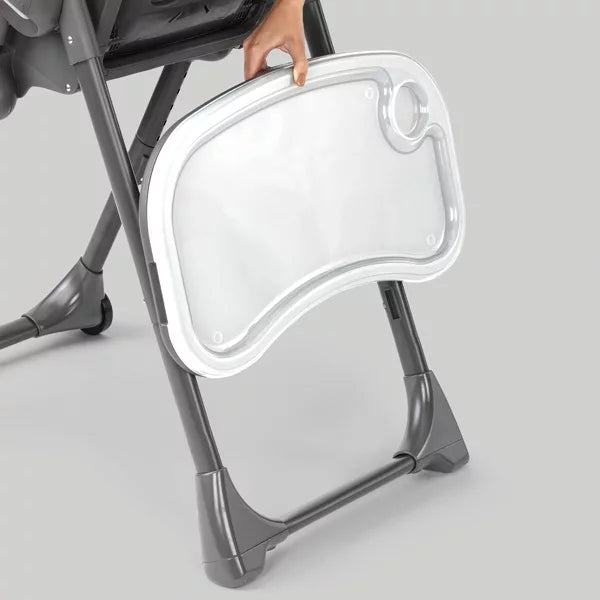Gray high chair with a transparent tray on a light gray background