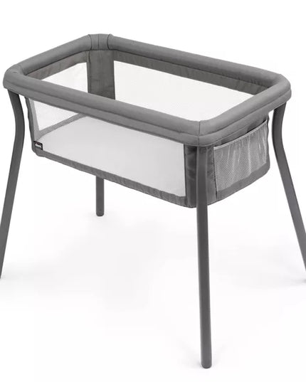 Gray baby bassinet on a white background