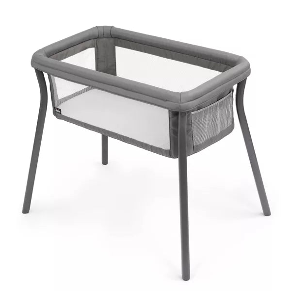 Gray baby bassinet on a white background