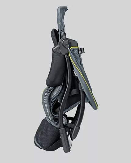 Black and gray baby carrier on a light gray background