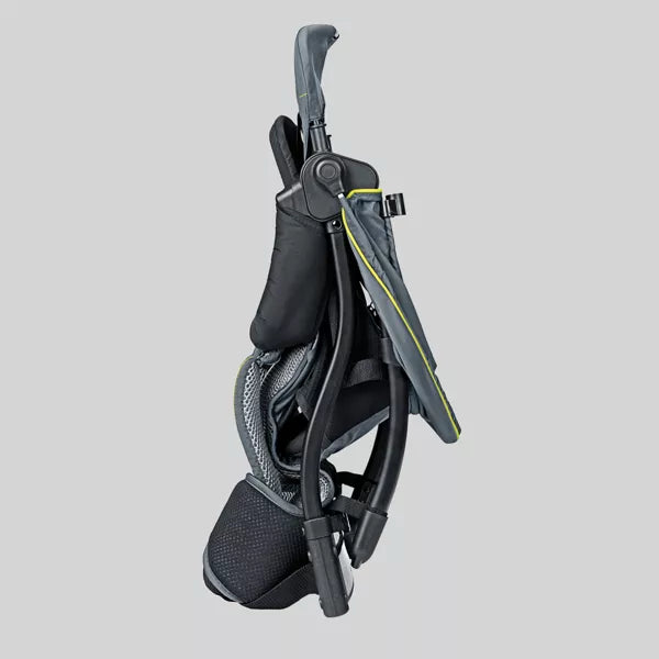 Black and gray baby carrier on a light gray background