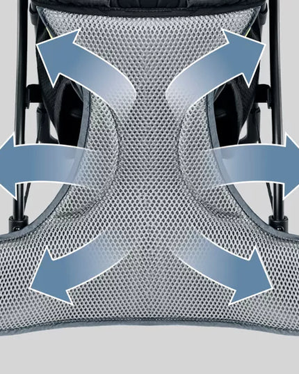 Gray mesh backpack with blue arrows indicating airflow on a light gray background