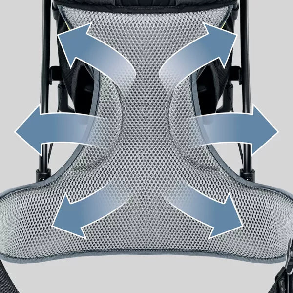 Gray mesh backpack with blue arrows indicating airflow on a light gray background